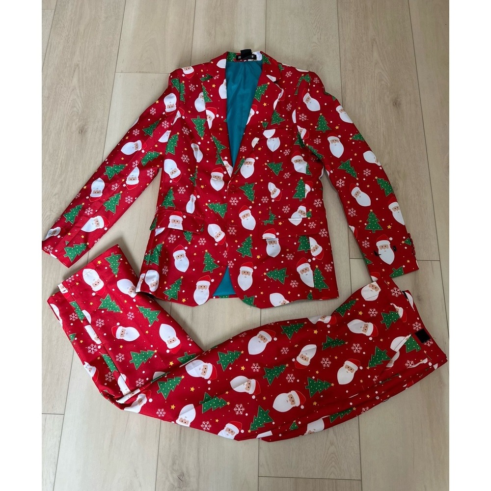 Suitmeister Men's Christmas Santa Tree Print Red Suit Set Size S 34-36 2 Piece